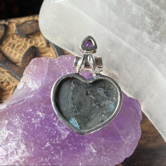 Larvikite black Moonstone & Amethyst Solid Sterling Silver Heart Pendant - Picture 9 of 9